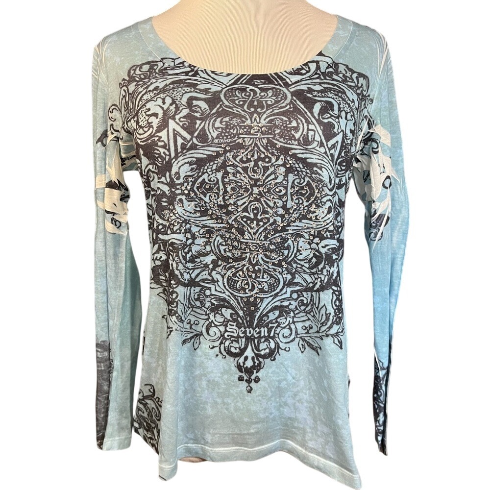 Seven7 Womens‎ Blue Ornate Graphic Long Sleeve Top Rhinestone Cut Out Sleeve M